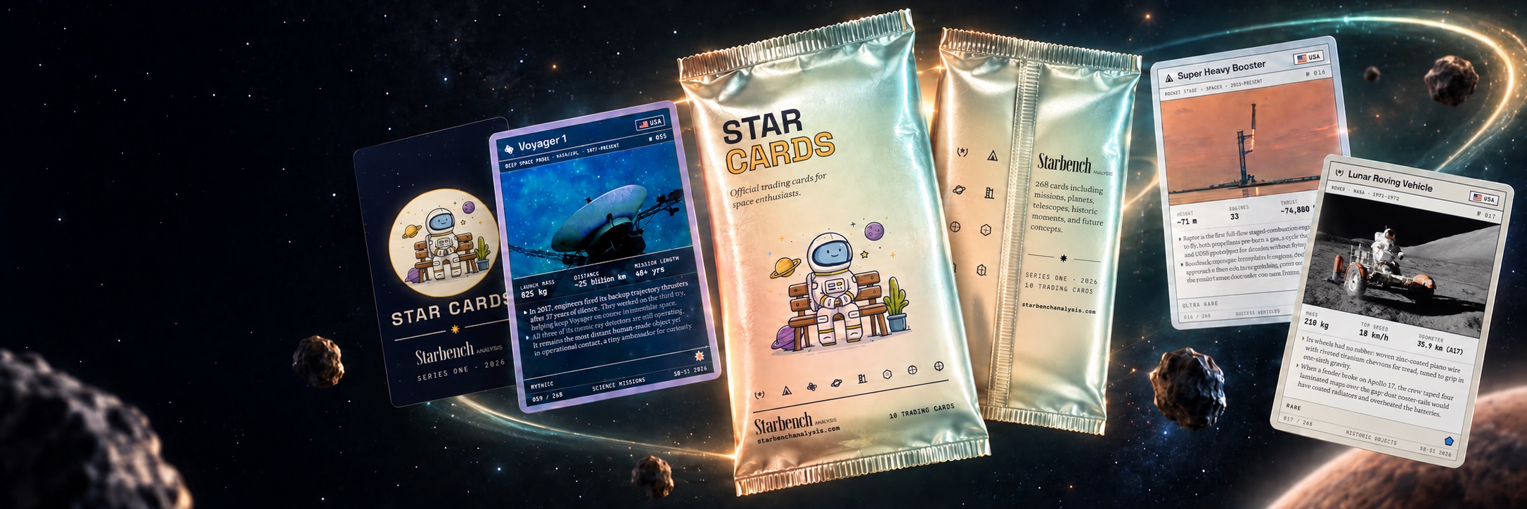 Two Star Cards booster packs among Voyager 1, Super Heavy Booster and Lunar Roving Vehicle cards and a card back, floating in space